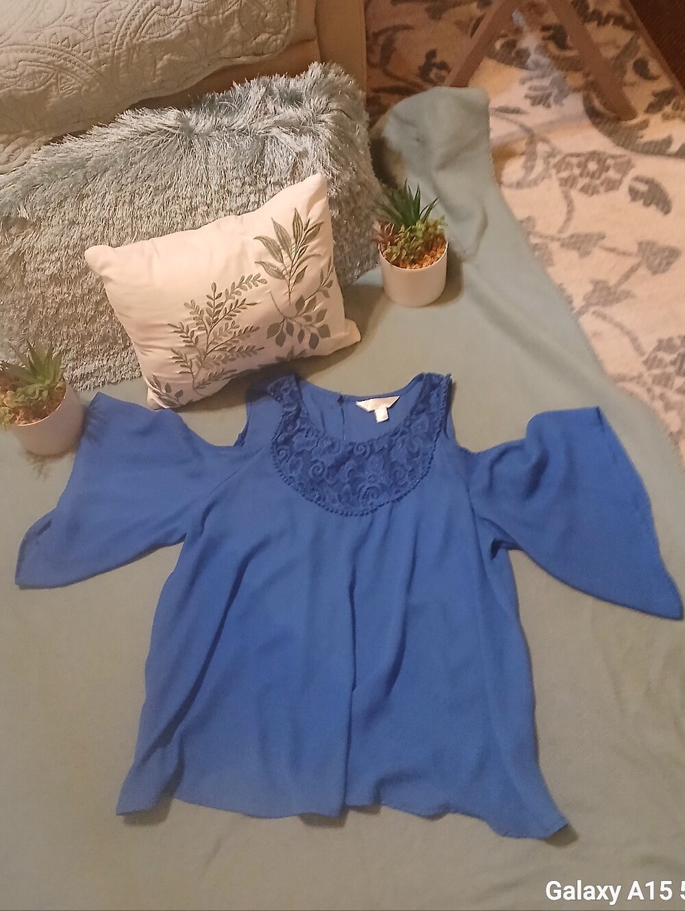 Decree Royal Blue Cold-Shoulder Lace Yoke Blouse